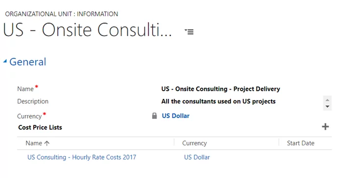 Infographics show the US Organization unit and associated cost pricelists.