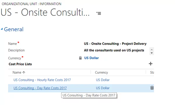 Infographics show the US Organization unit and associated cost pricelists.