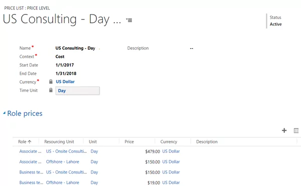 Infographics show the Open the pricelist - Project Service Automation with Dynamics 365