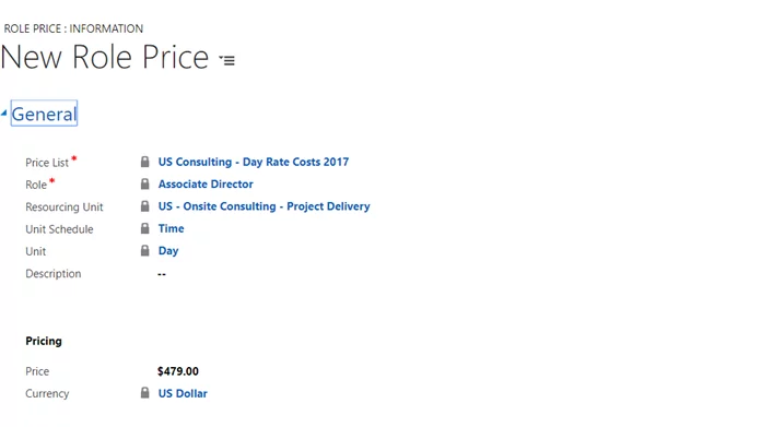 Infographics show the Pricelist contains items “Role Price” - Dynamics 365 Project Service Automation