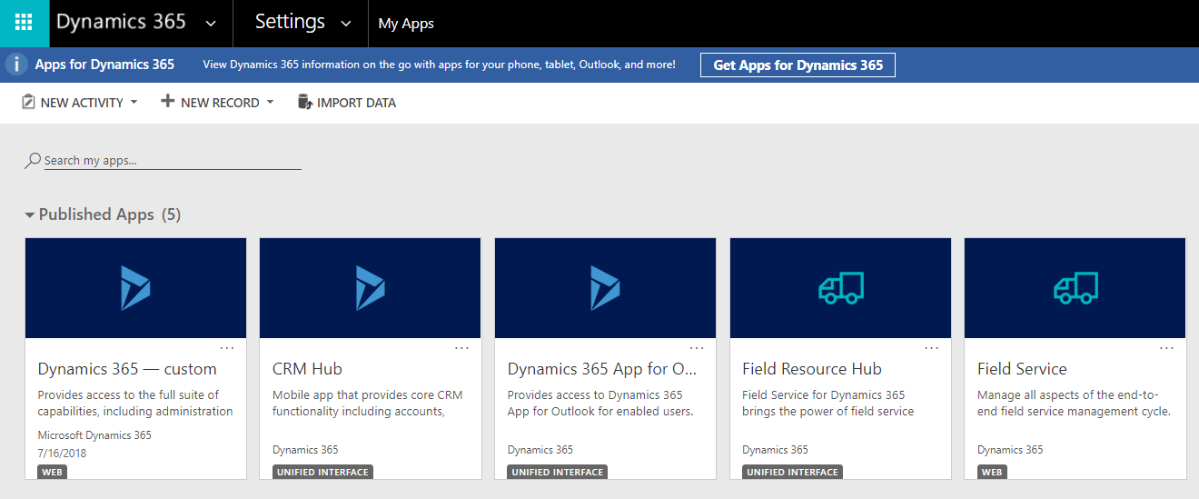 Published Apps in Dynamics 365
