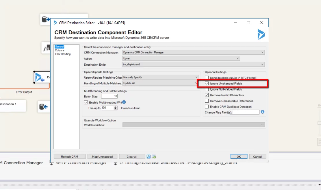 this image shows Dynamics CRM SSIS Ignore Unchanged Fields Option