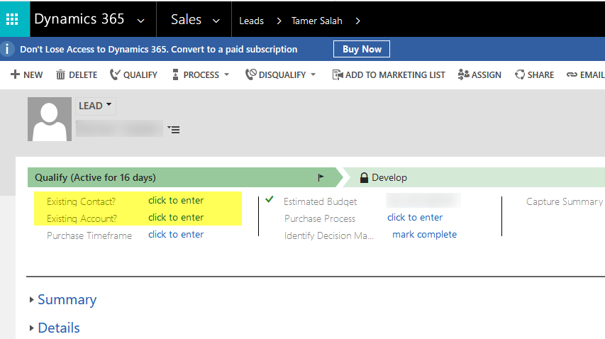 this image shows Qualify Lead without Opportunity in Dynamics 365