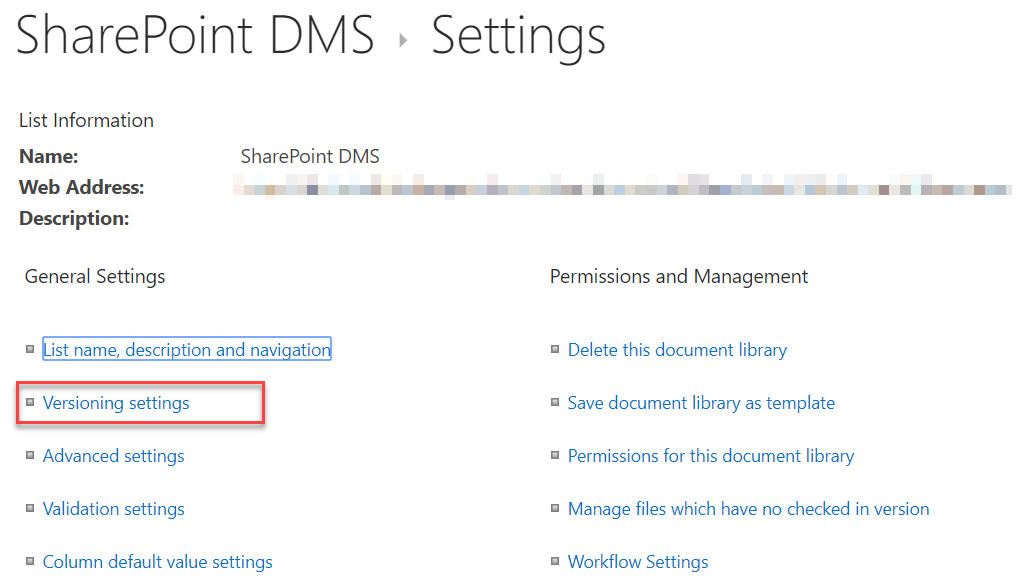 DMS Versioning Settings