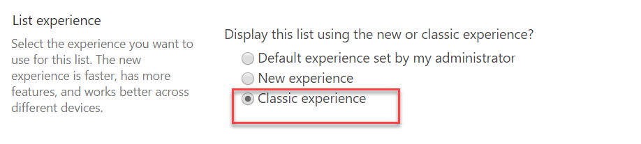 sharepoint classic experience