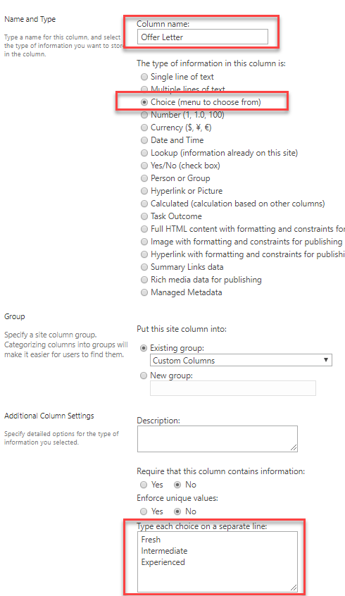 colum information in sharepoint