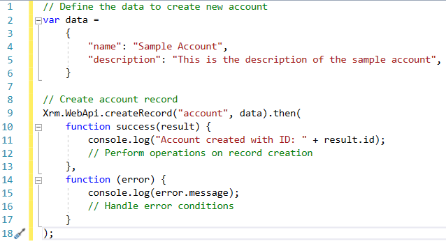 This image shows Xrm.WebApi create Record