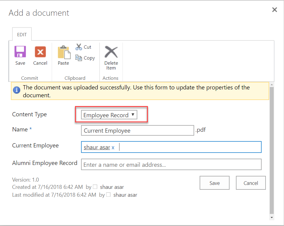 Employee Record Content Type