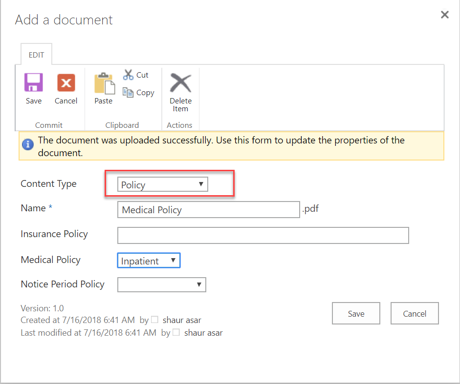 Infographics show Policy Content Type- Document Management implementation
