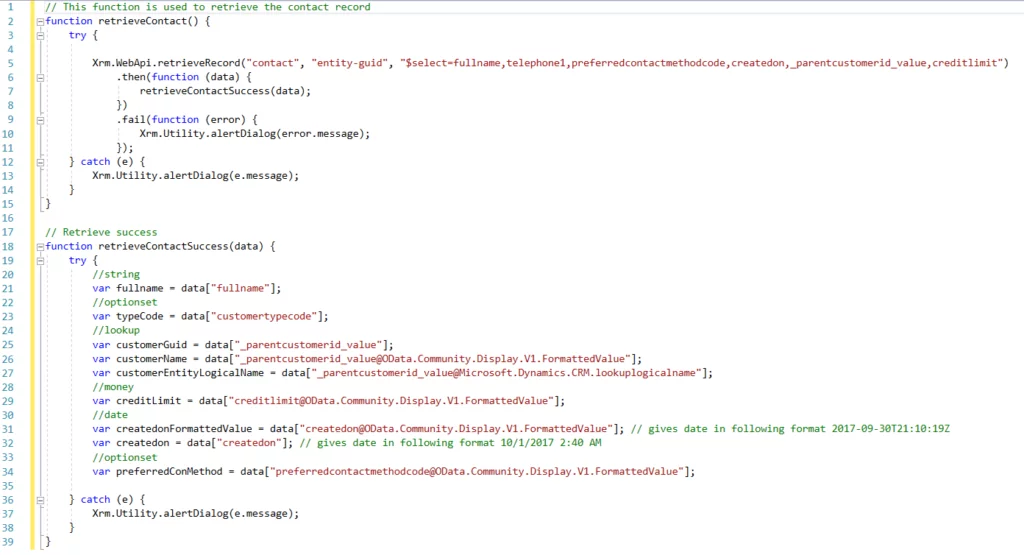 this image shows syntax to retrieve single entity record