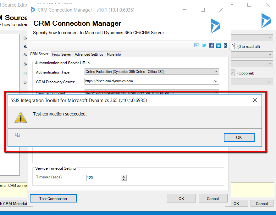 SSIS Integration toolkit test connection succeeded