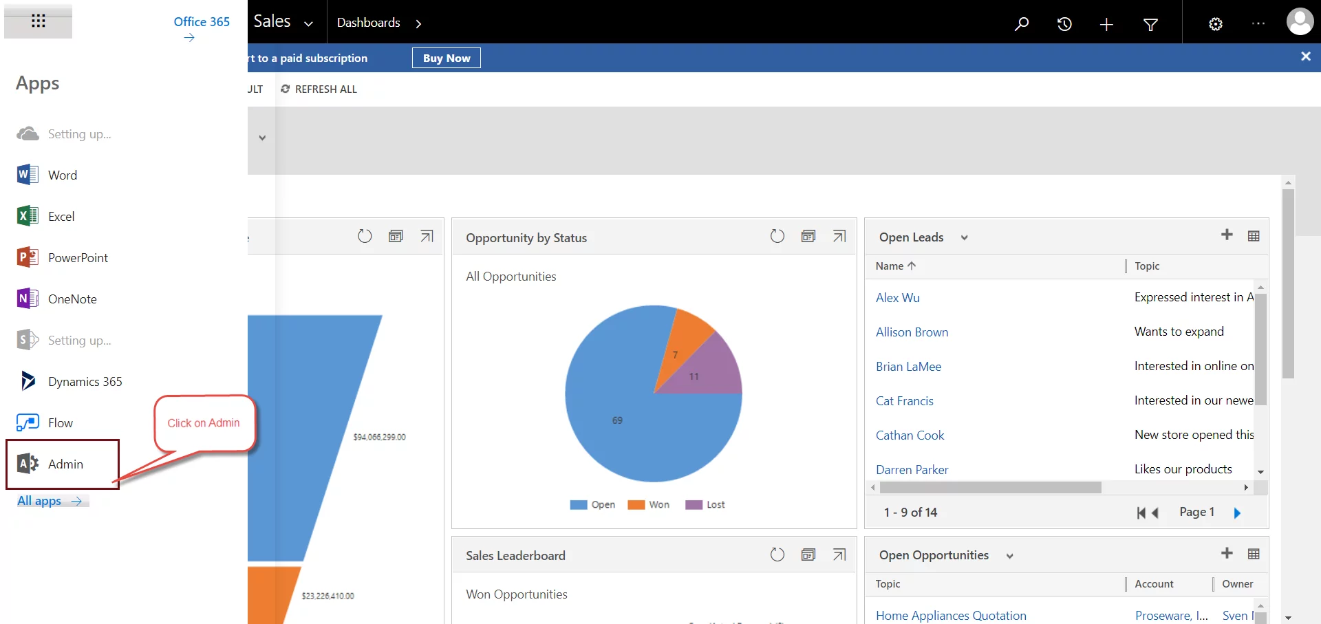 click on admin dynamics 365