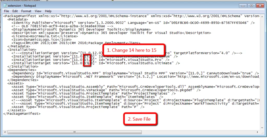 this image shows Change 14 to 15 - Installing Dynamics 365 Toolkit in Visual Studio 2017 (Guide)