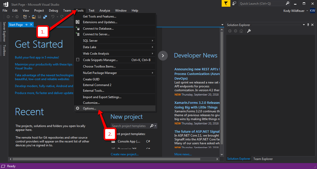 this image shows visual studio tools options