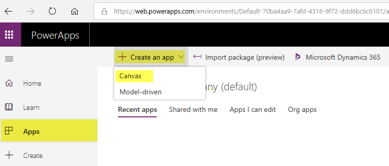 Create an app and click on Canvas