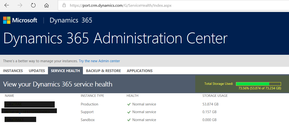 Dynamics 365 admin center sevice health