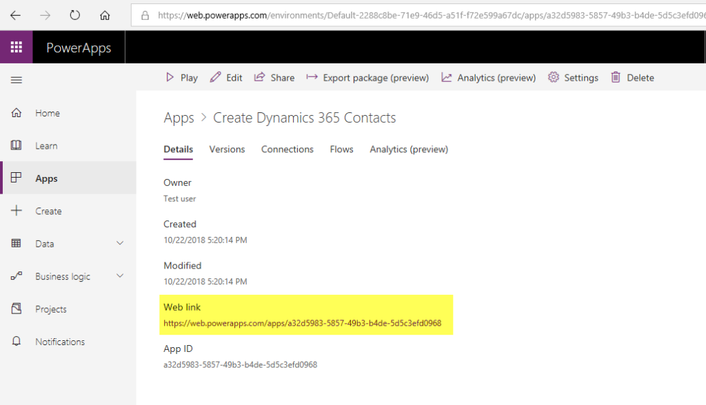 Infographics show the open PowerApps weblinks