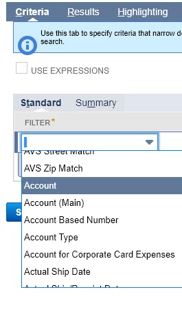 Saved Search interface