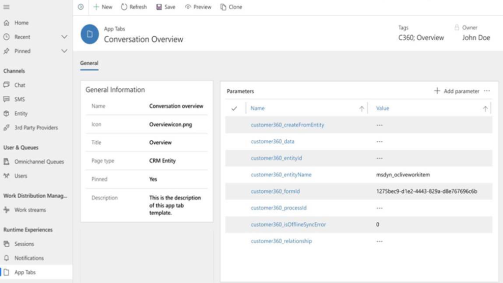 This image shows the Dynamics 365 Customer Service apps tab template