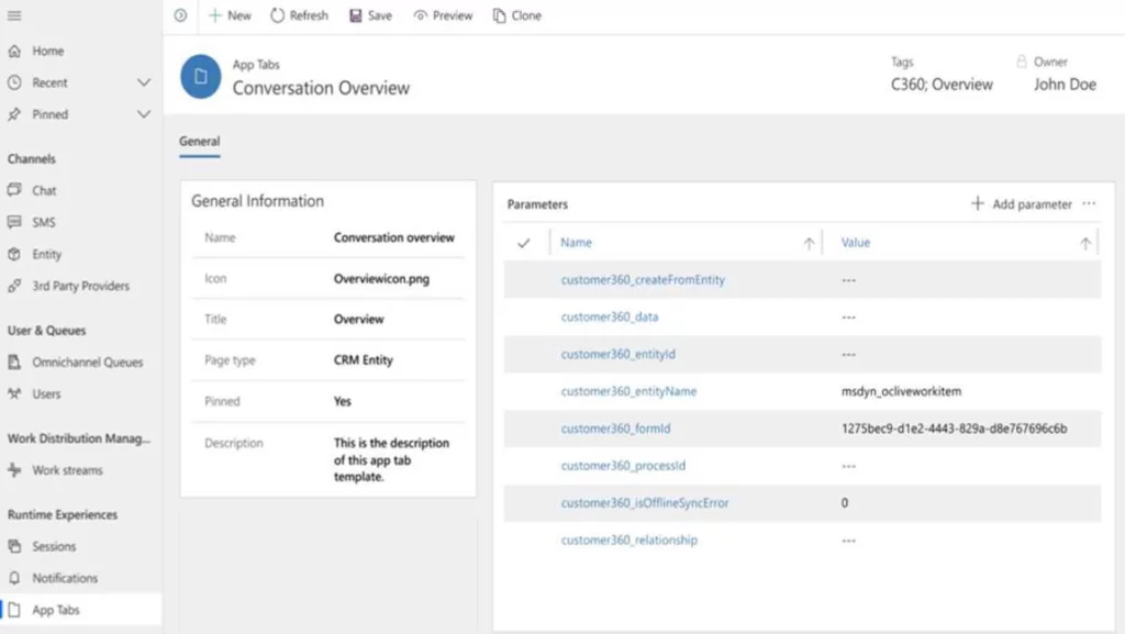 This image shows the Dynamics 365 Customer Service apps tab template