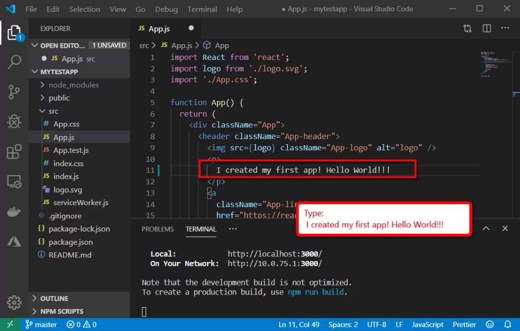app js code hello world