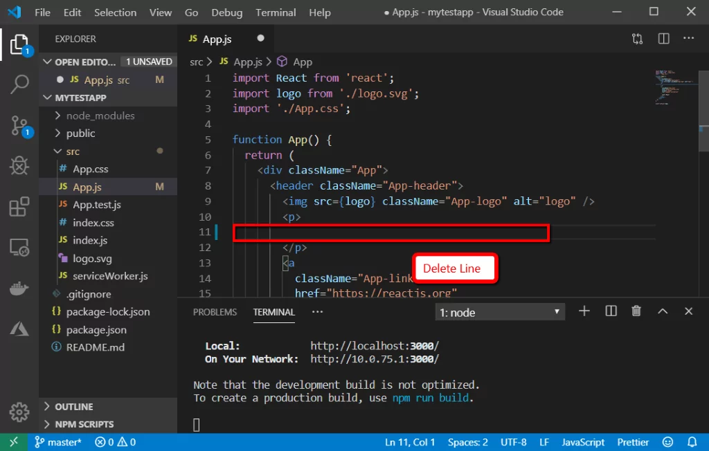 app js delete line