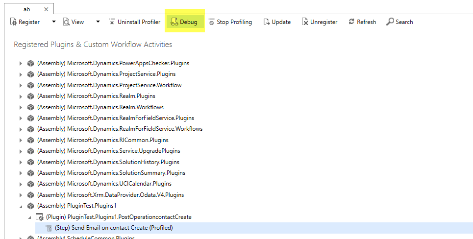 this image shows the Plugin Registration Tool debug