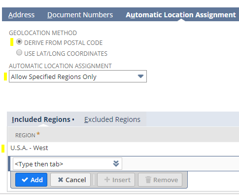 Automatic Location Assignment tab