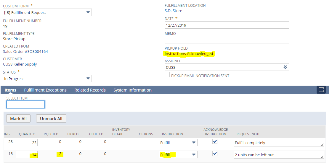 Fulfillment Request line