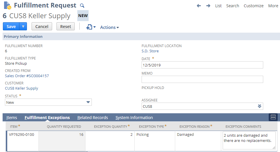 Fulfillment Request transaction