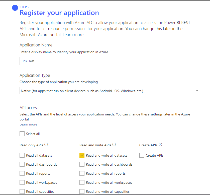 Infographic show the Power BI Dataset Register an application