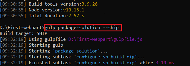 this image shows the gulp package-solution –Deploy a SPFx web part