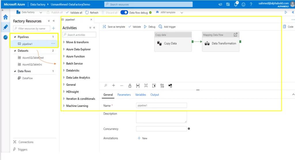 This image shows Azure Factory Resources Pipelines