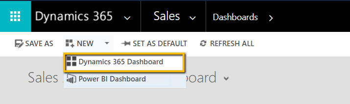Infographics show how to click on New and select Dynamics 365 Dashboard