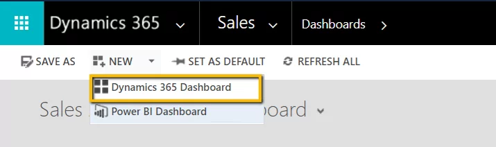 Infographics show how to click on New and select Dynamics 365 Dashboard