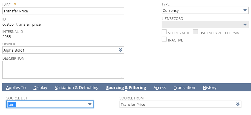 Transaction Lines Fields items