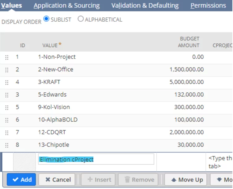 segment’s list of values