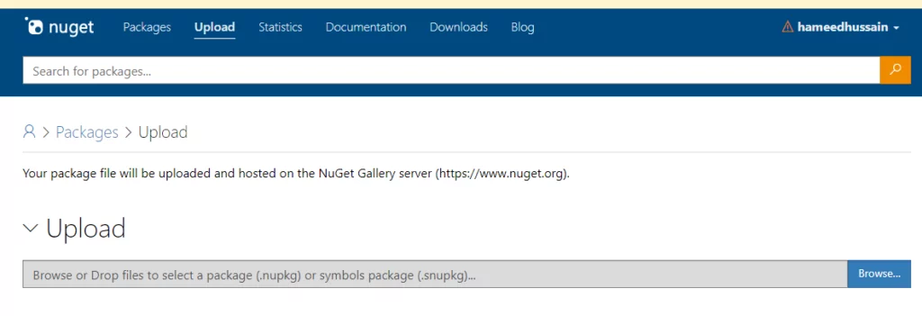 this image shows upload tab when Publish your NuGet package on NuGet.org