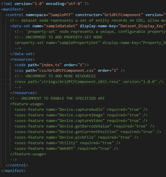 this image show's the ControlManifest - PCF component development