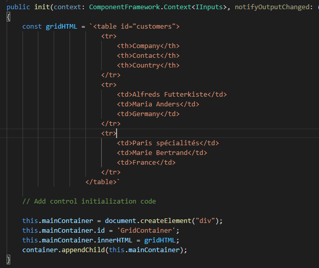 this image shows the HTML table element - Custom Controls with PCF