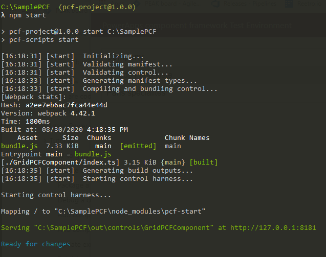 this image shows the start the application component testing in the PowerApps component framework Test Environment