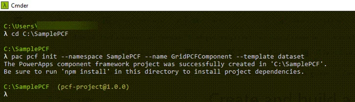 this image shows the command will create a Power Apps Component Framework