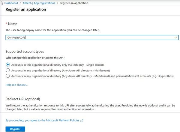 This image shows Enter the Application Name in Azure AD