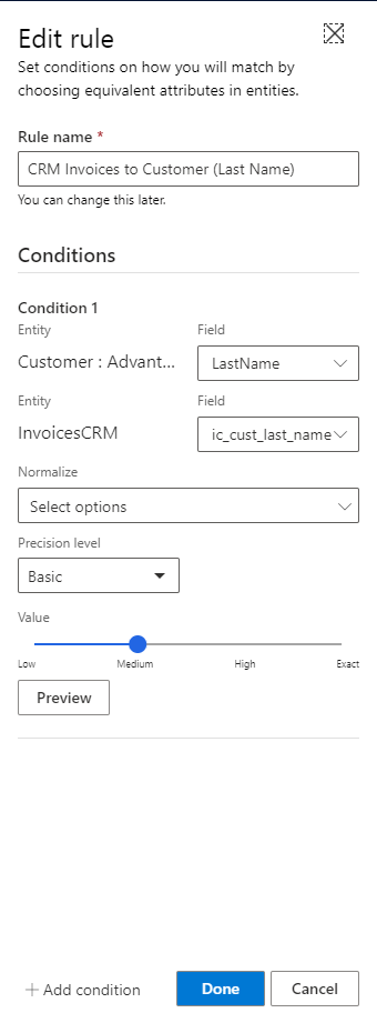 This image shows Match Rules in Data unification in Dynamics 365 Customer Insights