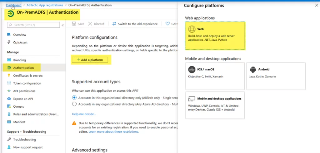 This image shows the navigate to Authentication