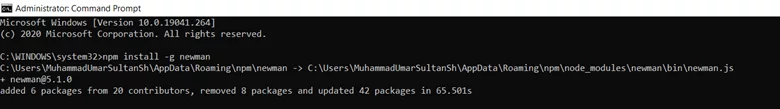 this image shows install Newman packages - Postman reporting Templates using Newman