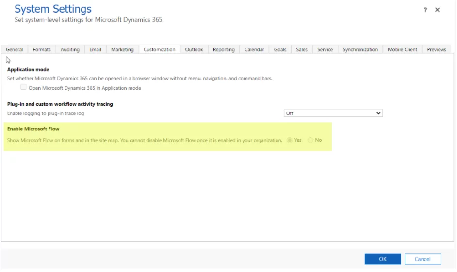 MS Flow under the system settings