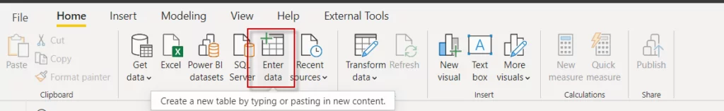 Infographic that show the Power BI desktop and Click on Enter Data