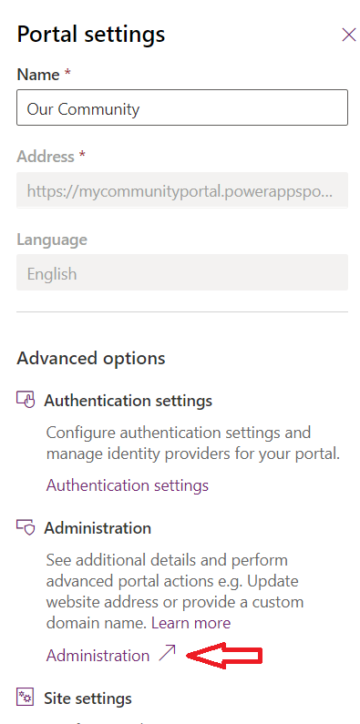Portal settings pane