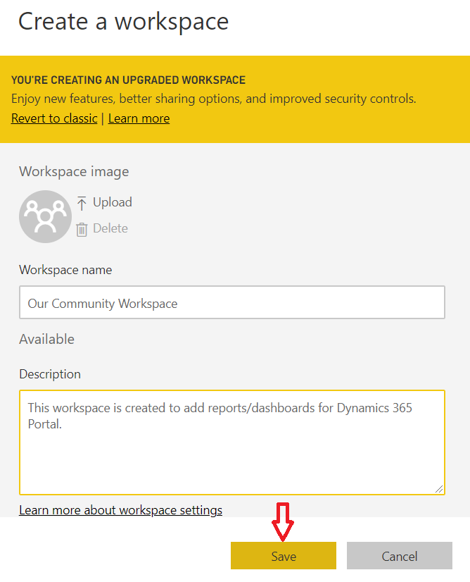 this image shows CREATE POWER BI WORKSPACE